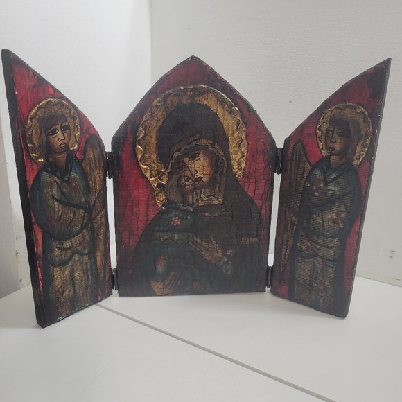 Vintage Folk Art Icon with the Virgin and Child